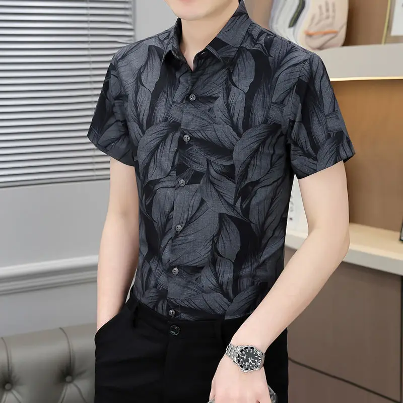 Minimalist Business Casual Square Neck Ice Silk Fabric Button Summer Men\'s Fashion Versatile Printed Short Sleeve POLO ShirtsTop