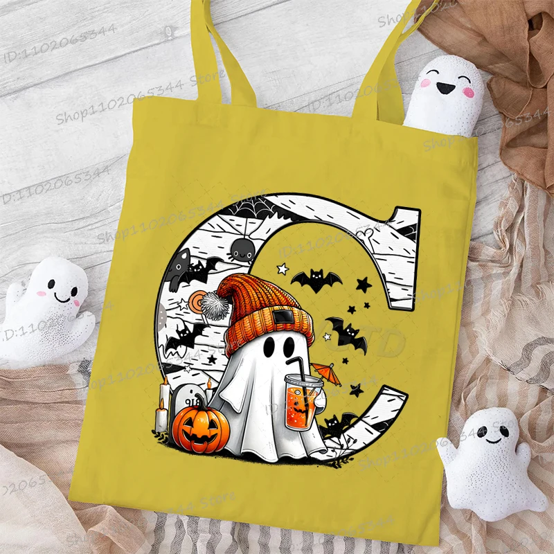 

Spooky Season Halloween Boo and Pumpkin Print Canvas Alphabet Tote Bag for Women Kidsfashion Versatile Handbags for Shopping