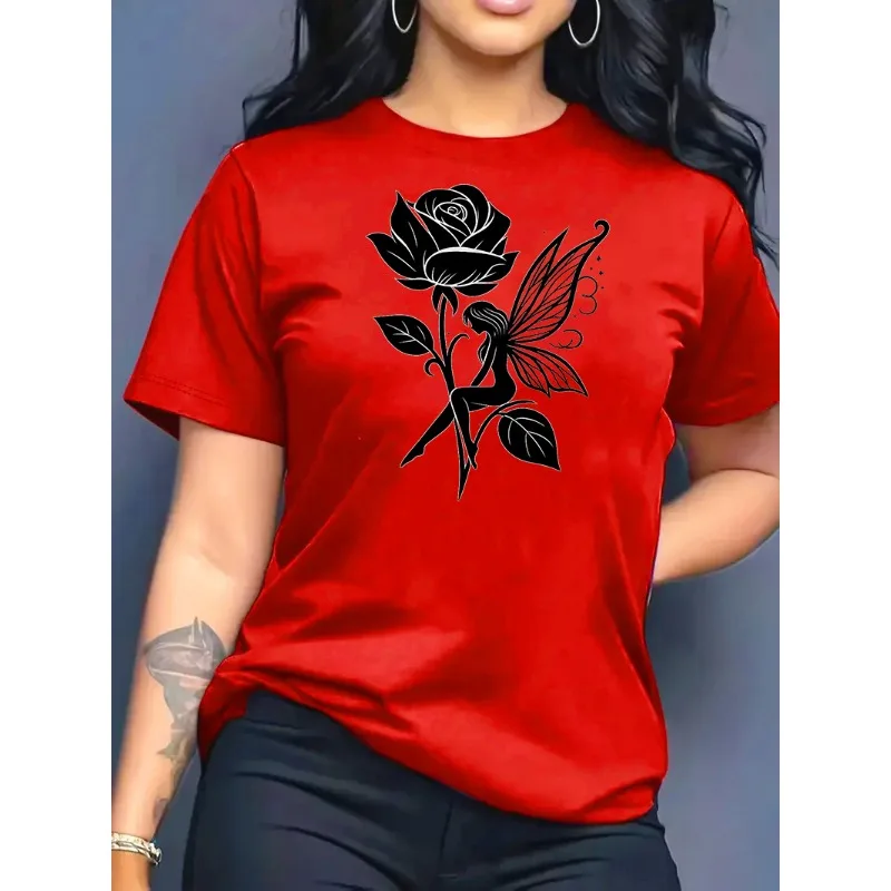 Rose Elf Printed Women's T-shirt 2026 Summer Retro Rose Elf Female T-shirts Casual Short Sleeved Women's Clothing Tops
