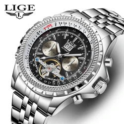 LIGE Tourbillon Automatic Watch Men Military Watches Stainless Steel Date Week Luminous Dial Watch Luxury Mechanical Watches+Box