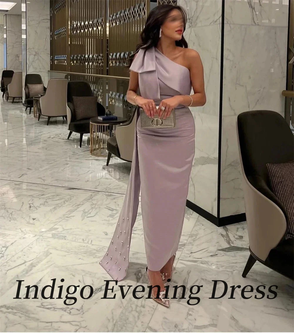 Indigo-vestido de noche de satén hasta el tobillo para mujer, traje de fiesta Formal con cuentas y lazo de sirena, sencillo y elegante, 2024