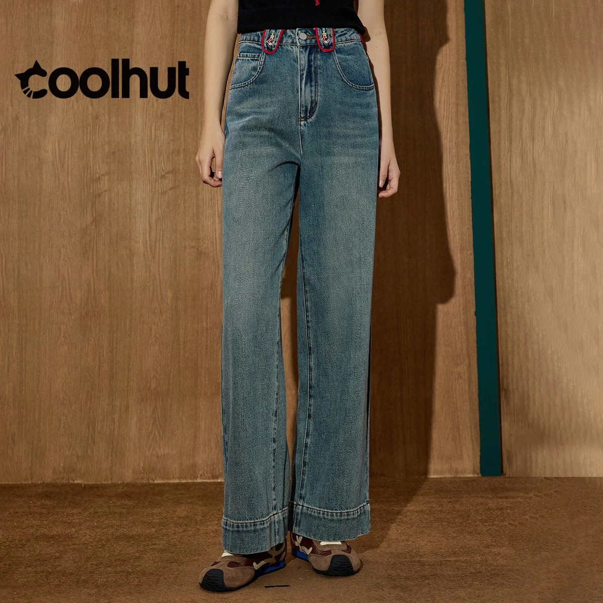 

COOLHUT Brand Women's 2025 Vintage Washed Embroidered High Waist Straight Jeans Slim Fit Relaxed Tapered Leg Autumn Denim Pants