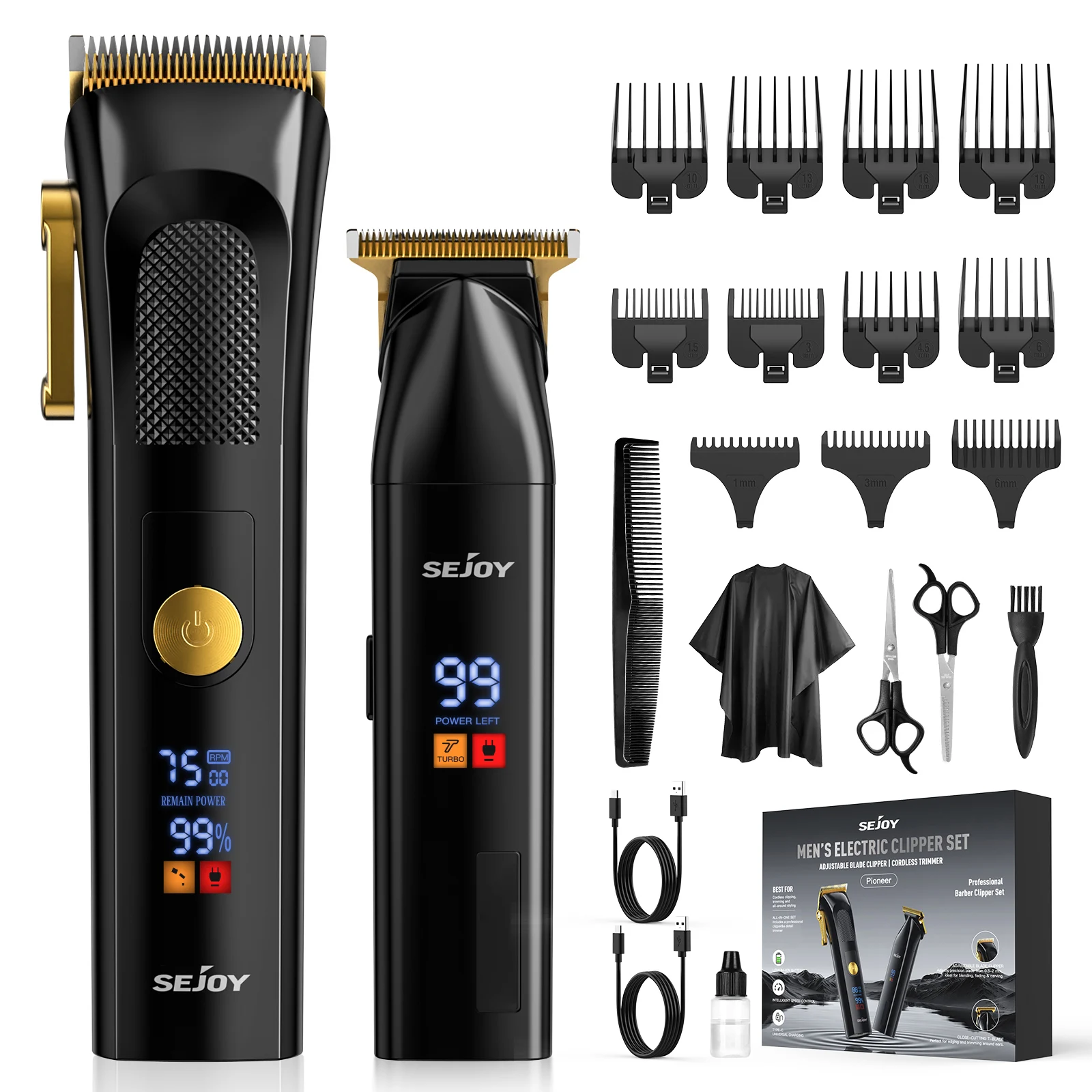 Sejoy Professional Electric Hair Clippers Kits 2 Gears Speeds LCD Rechargeable Hair Trimmers for Men Cordless Hair Cut Machine