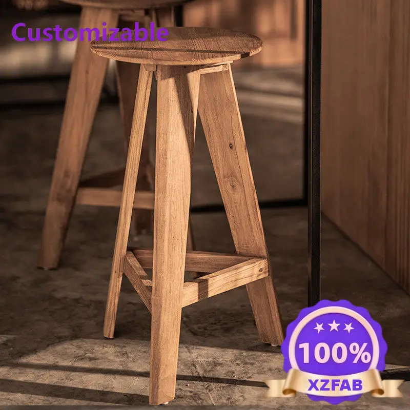 Factory Direct 2026 Imported teak design solid wood bar chair high stool home bar chair trapezoidal tripod support log color sto