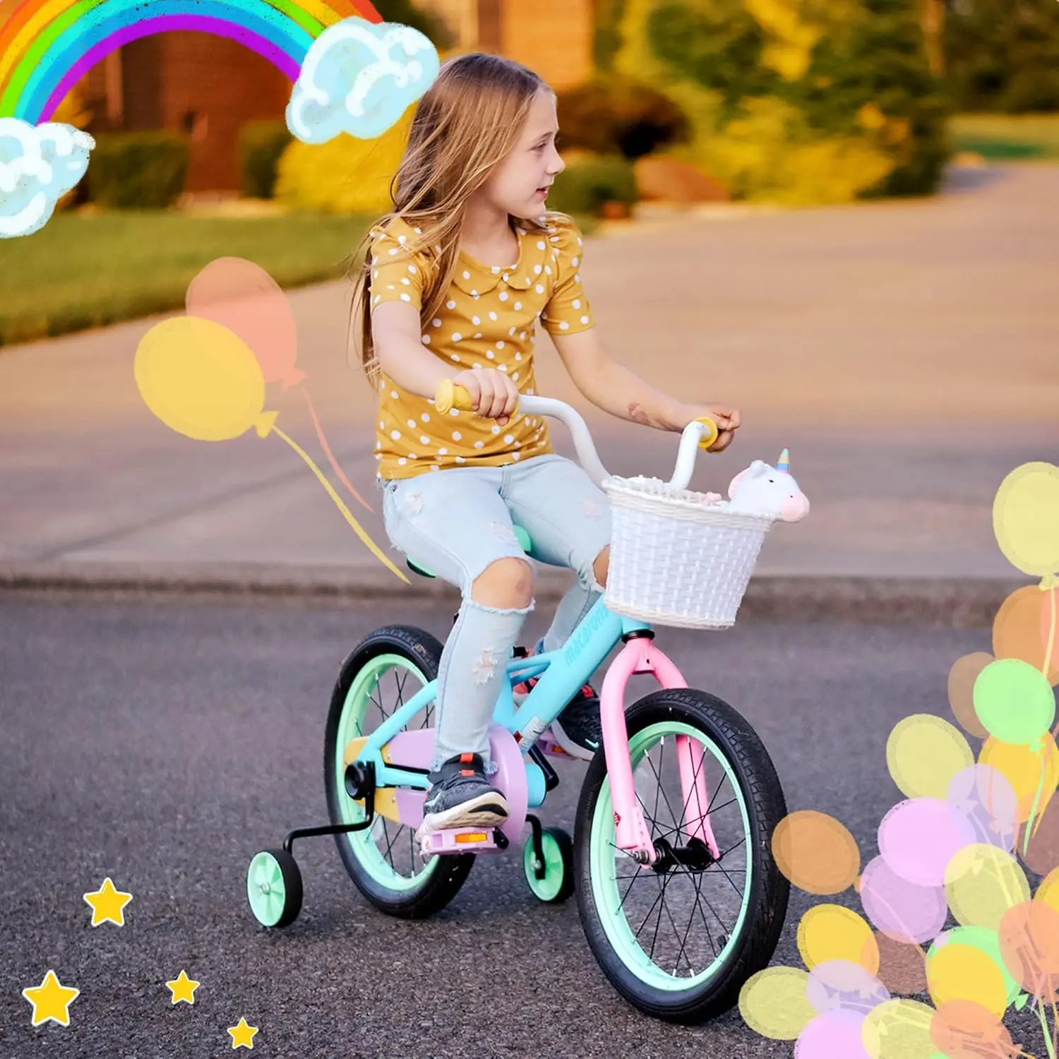 Vélo arc-en-ciel pour enfants avec roues d'entraînement, vélos pour tout-petits, filles de 2 à 7 ans, 33 à 53 pouces de haut, 12 po