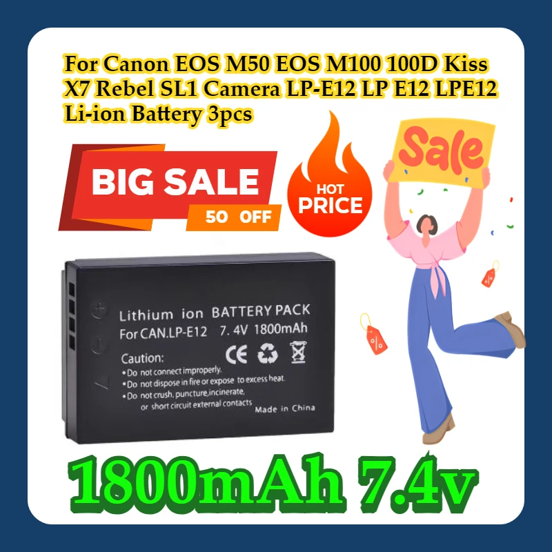 

For Canon EOS M50 EOS M100100D Kiss X7 Rebel SL1 Camera1800mAh LP-E12 LP E12 LPE12 Li-ion Battery 3pcs