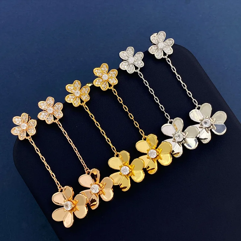 High Quality Three Leaf Flower Tassel Long Drop Earrings Sets With Gift Box For Women Wedding Fashion Jewelry