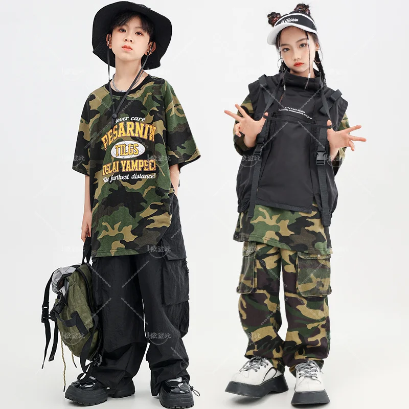 Boys Hip Hop Vest Camouflage T-shirt Cargo Pants Girls Street Dance Clothes Sets Kids Streetwear Child Jazz Military Outfits