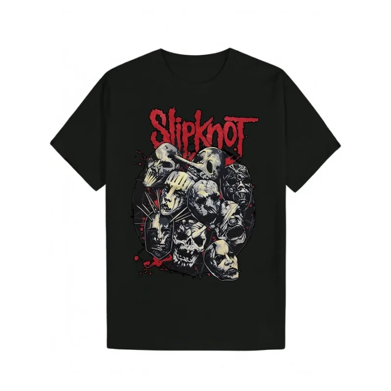 Men s Slipknot Graphic Tee - Casual Black Polyester T-Shirt with Skull Design  Round Neck  Machine Washable for Summer