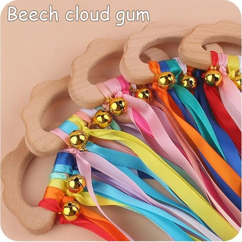 Q22d Rainbow Ribbon-Ring Toy Baby Teether Neverborn Baby Censory Toy Cloud Ribbon Molar Wooden-Circle Teether