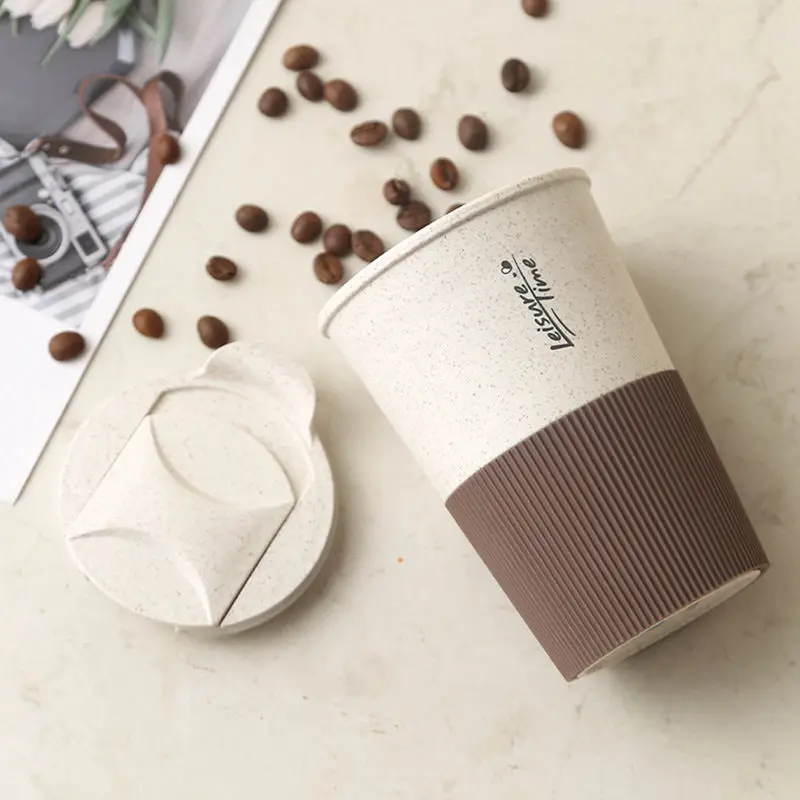 350ML Portable Coffee Cup Double Wall Mug Wheat Straw Plastic Travel Water Bottle With Lid Reusable for Coffee Drinks