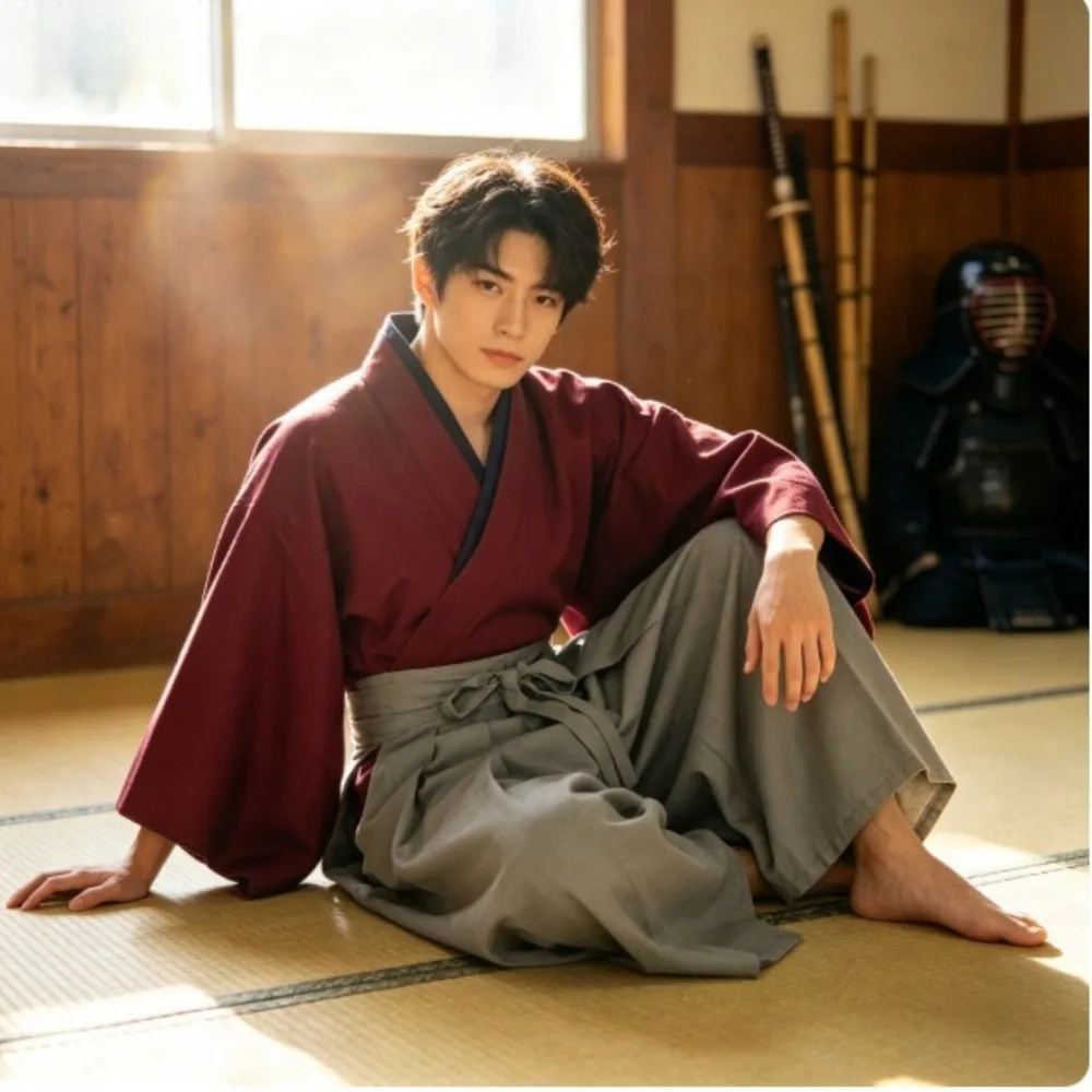 Kimono Tradicional Japonés Rojo Sólido Vintage para Hombre, Disfraz de Samurai Kendo para Halloween, Carnaval, Fiesta Temática