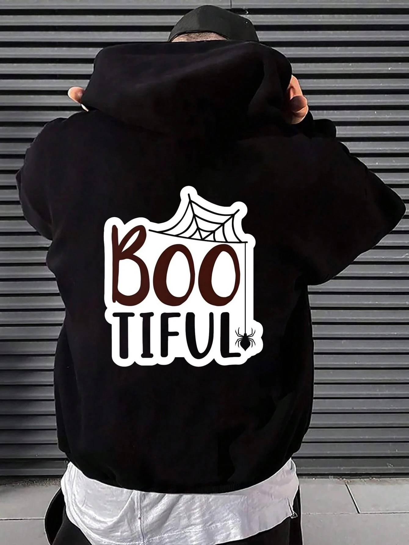 

Мужская толстовка с капюшоном Boo Tiful с рисунком Хэллоуина — жуткая паутина и принт летучей мыши