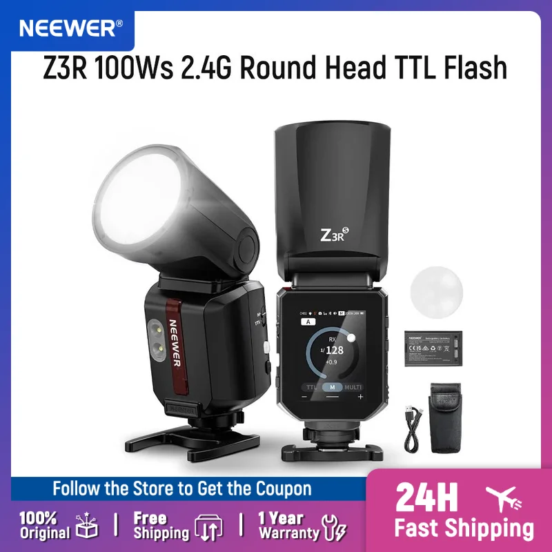 NEEWER Z3R 100Ws 2.4G TTL Round Head Flash Speedlite Touchscreen, 1/8000s HSS, 500 Full Power Flash For Sony/Canon/Nikon Cameras