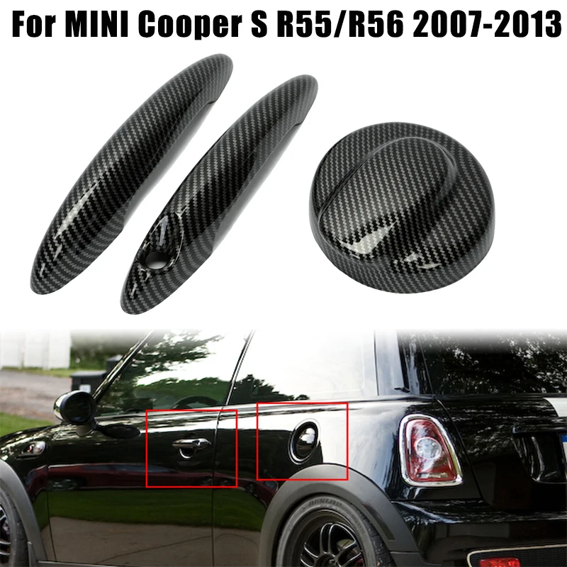 Car Gas Fuel Tank Filler Cap Cover & 2 Exterior Door Handle Covers Carbon Fiber Color for BMW Mini Cooper S R55 R56 2007-2013