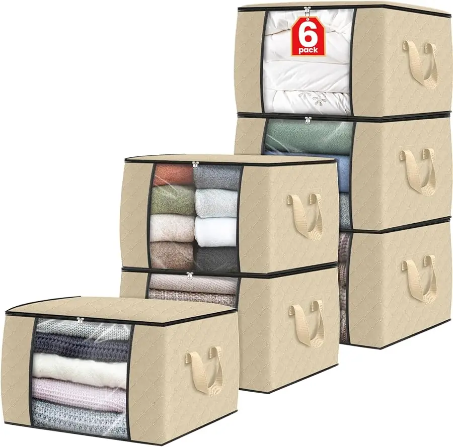 

6 Pack Clothes Storage, Foldable Thick Fabric Blanket Storage Bags, Containers for Organizing Bedroom, Closet, Clothing, Comfort