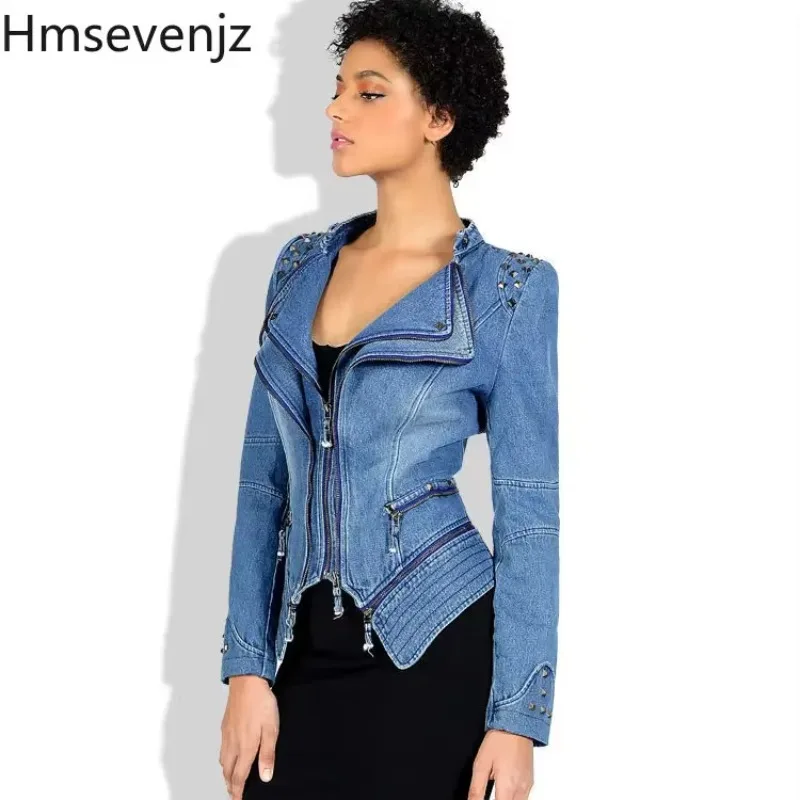 

Street Personalized Slim Fit Shrugged Shoulder Rivet Zipper Spliced Short Denim Jacket Women Top Motorcycle Coat Women Clothing