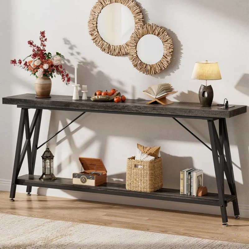 70.9 Inch Extra Long Console Table with Charging Station & Storage Shelf - Industrial Style Sofa Table Behind Couch