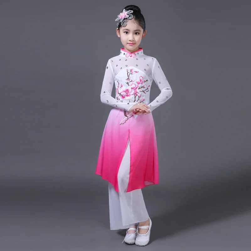 Stile cinese Hanfu nuovo stile costumi di danza popolare classica per bambini ragazze ombrello danza fan danza abbigliamento performance