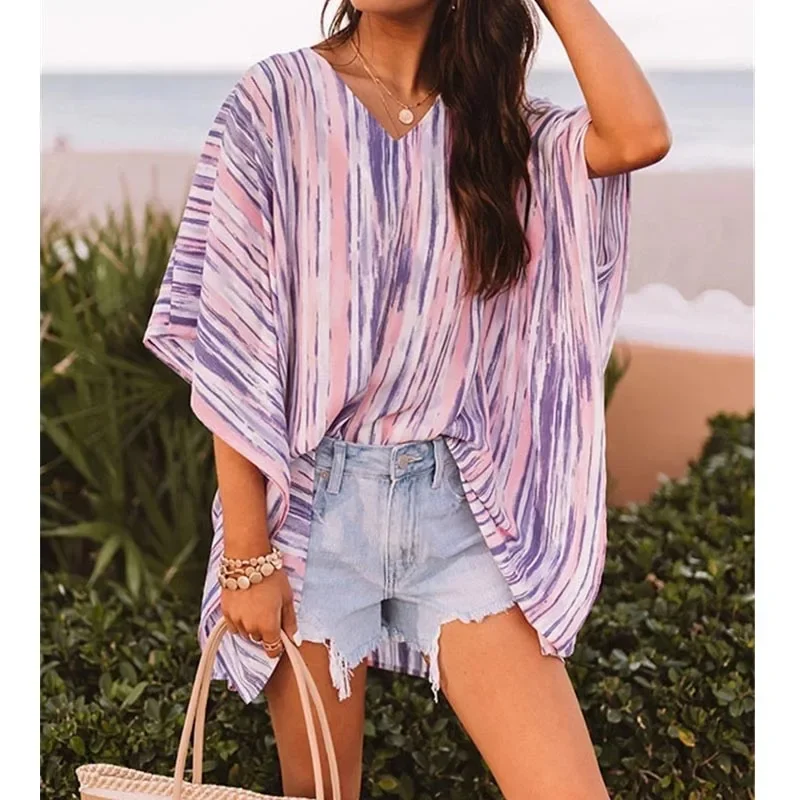 Women Striped Loose V Neck Bikini Cover-ups Summer Dress For Women Beach Wear Swim Suit Cover Up Oversized Beach Dress