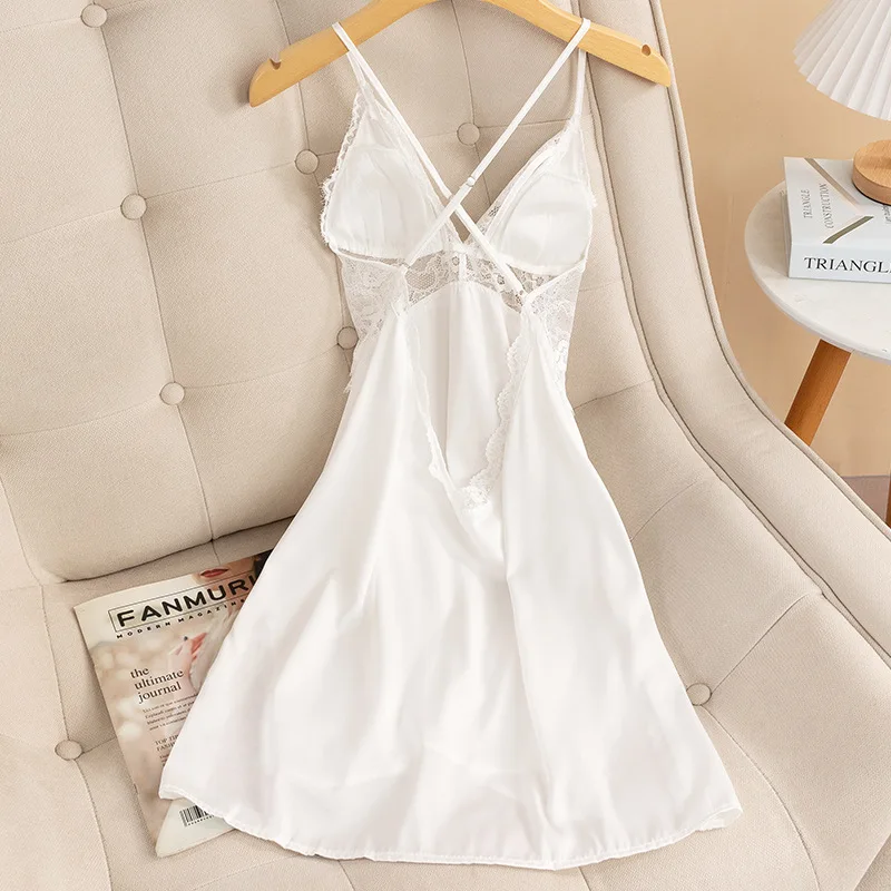 Sexy Chemise Nightgown Summer Female Sleepwear Dress Lingerie Women Lace Nightdress Nightwear Satin Dressing Gown Homewear