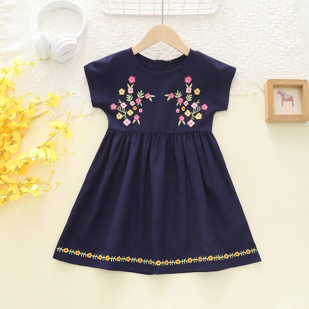 

Summer Dress For Girls Children Clothes Characteristic Lace Flower Embroidery Design Dark Blue New Fashion Style Girls Dress