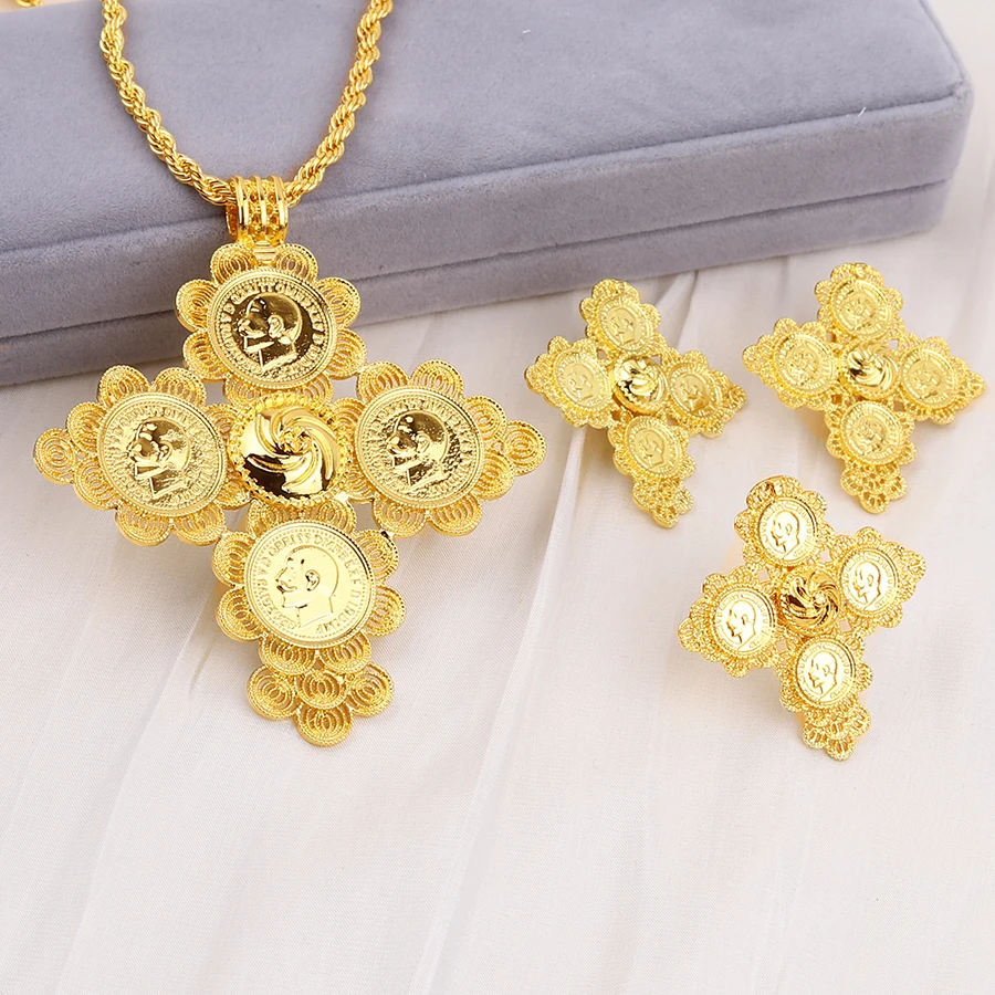 4pc pack Golden Cross Ethiopian Necklace Earrings Rings African Party  Jewelry Set Women Girls Eritrean Habesha Accessories