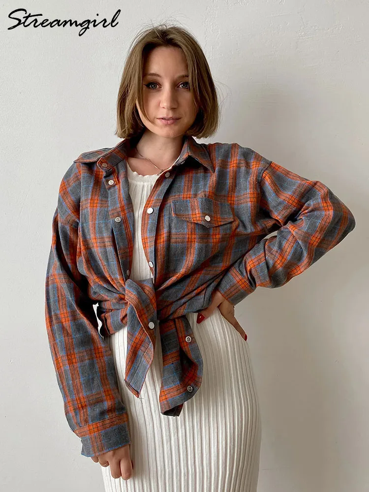 Vintage Oversize Plaid Shirt For Women Long Orange Plaid Tops Oversized Blouse Orange Women\' s Loose Plaid Shirts Long Sleeve