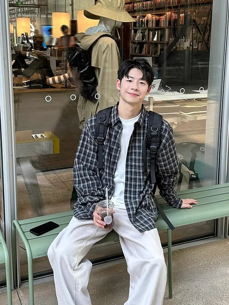 

Loose Long Sleeve Plaid Shirt Men's Casual Drapey Spring Autumn Korean Style Top Coat Youth Fashion Polyester No Brand
