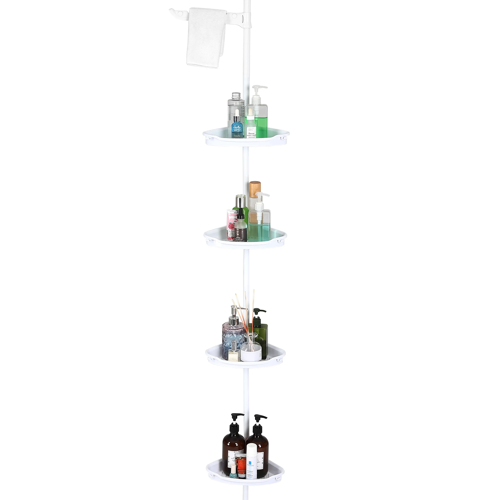 Space-Saving 4-Tier Corner Shower Caddy Tension Pole Organizer – Adjustable Rustproof Bathroom Storage with Basket Shelves & Towel Bars – Easy Install, Fits 39-113 Inches,White
