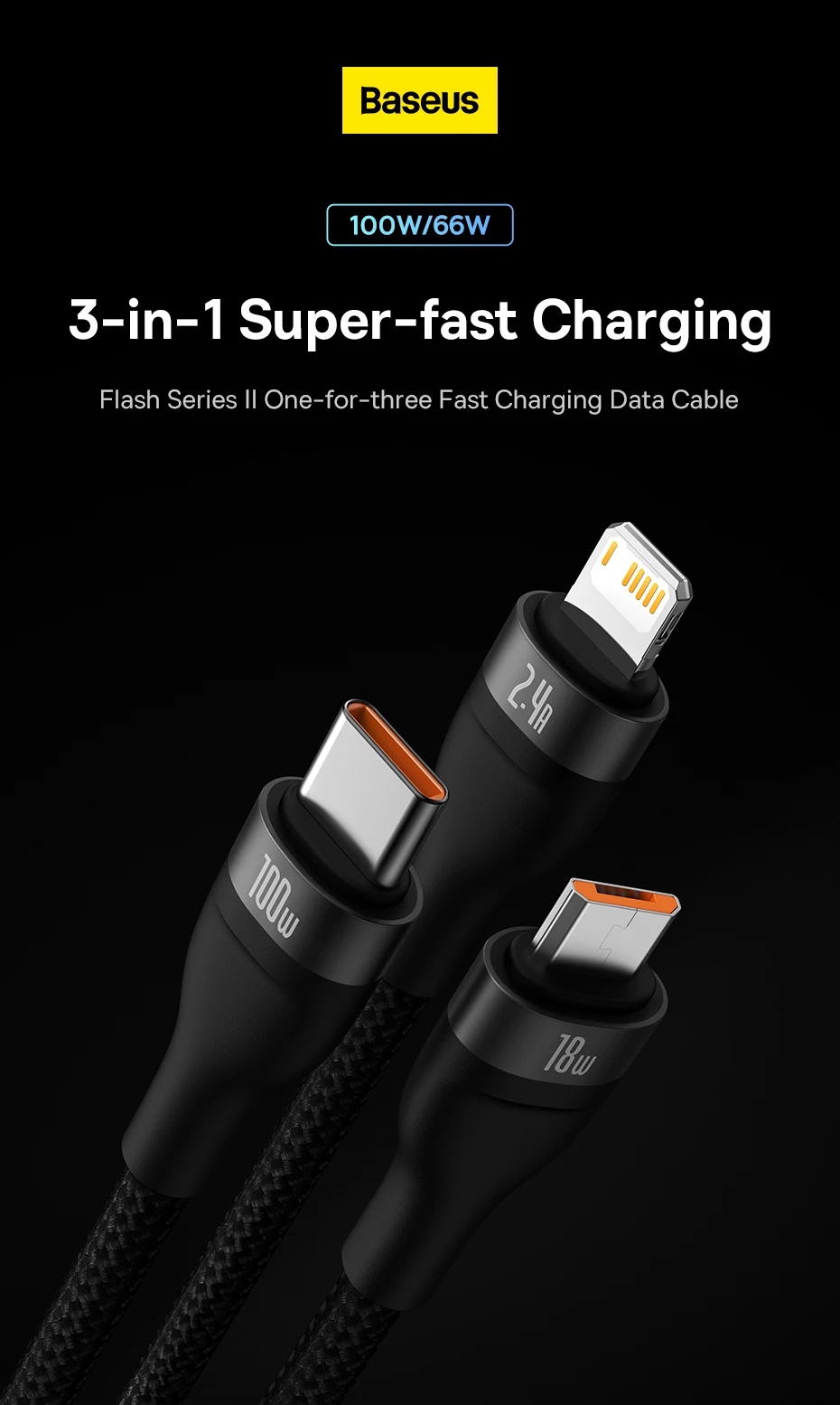 Cable USB Tipo C 3 en 1 Baseus, Cable de Carga Rápida de 100W para Honor 50 Pro, Cargador para Teléfono Xiaomi Samsung, 