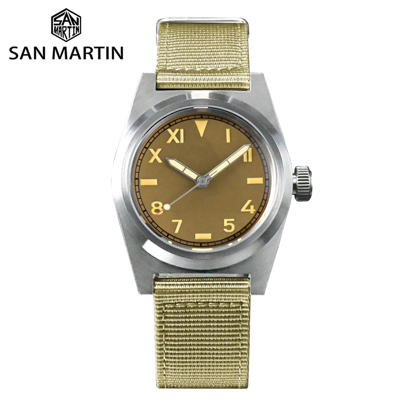 

San Martin 38mm Pilot Watch For Men YN55 Retro Military Style Automatic Mechanical Mens Watches Nylon Strap 20ATM Lum