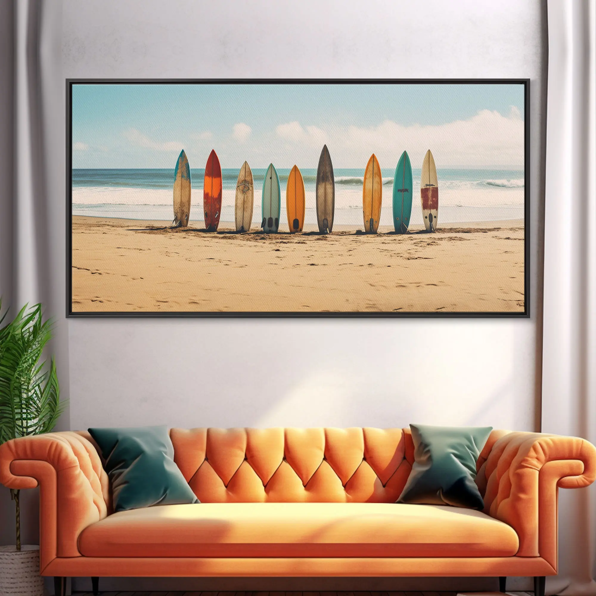 Boho beach decor, frameless canvas print, wall art, vintage surfboards on the beach, living room decor, surfer gift