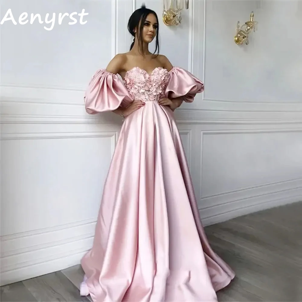 

Aenyrst Pink Sweetheart Detachable Short Puff Sleeves Prom Dresses Satin A Line Evening Gowns Floor Length Birthday Party Dress