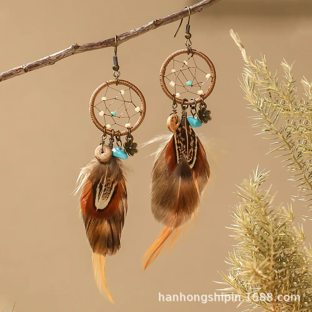 Europe and the United States hot-selling retro bohemian earrings handmade dream catcher feather earrings long fringed earrings w