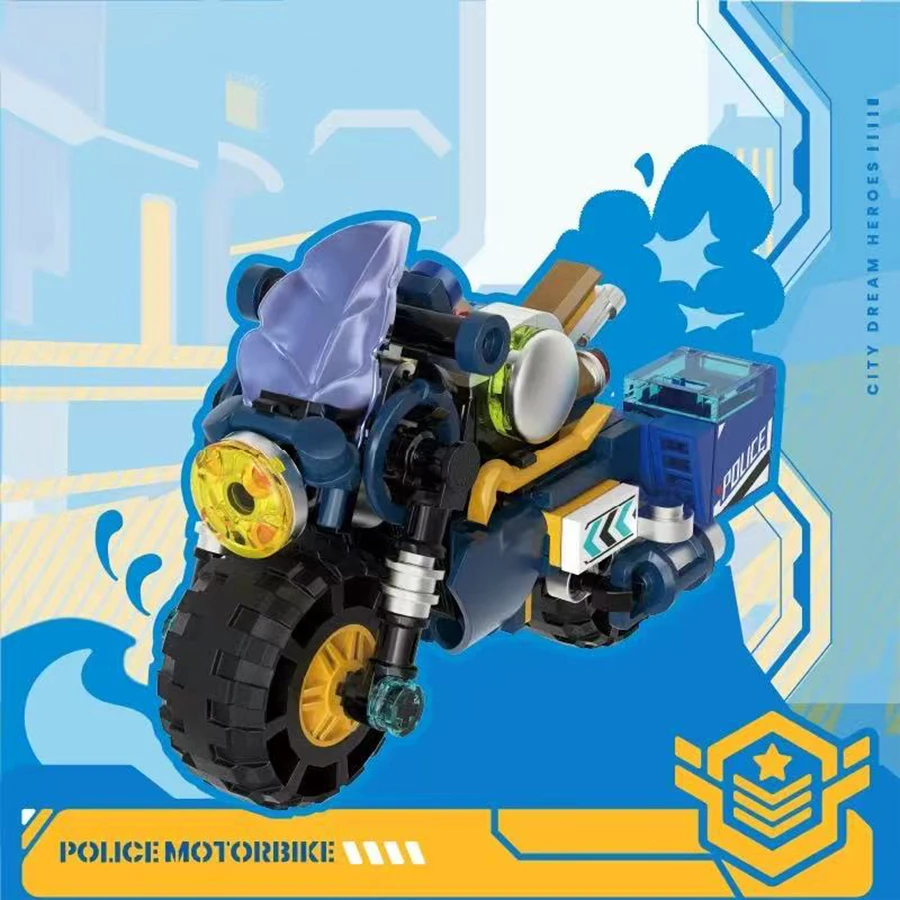 

City Dream Hero Police Series Motorcycle building block toys. Blue motorcycle, motorcycle tabletop ornament, gift