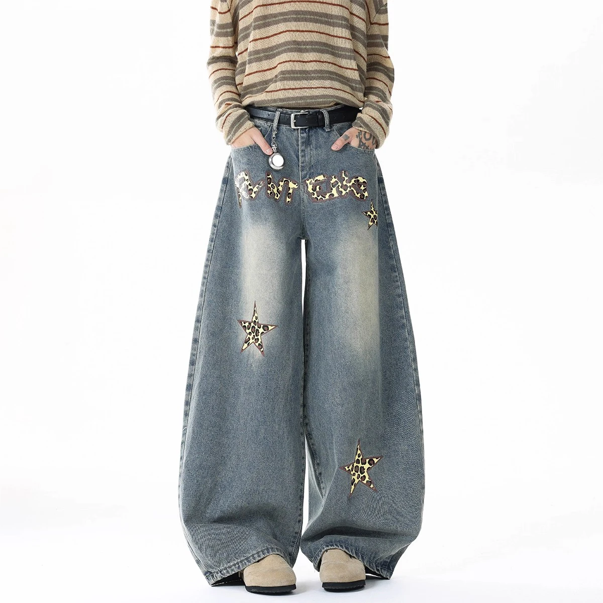 Street Fashion Style Five-pointed Star Leopard Print Jeans Women's Autumn Slim Straight Pants Wide Leg Denim Pants