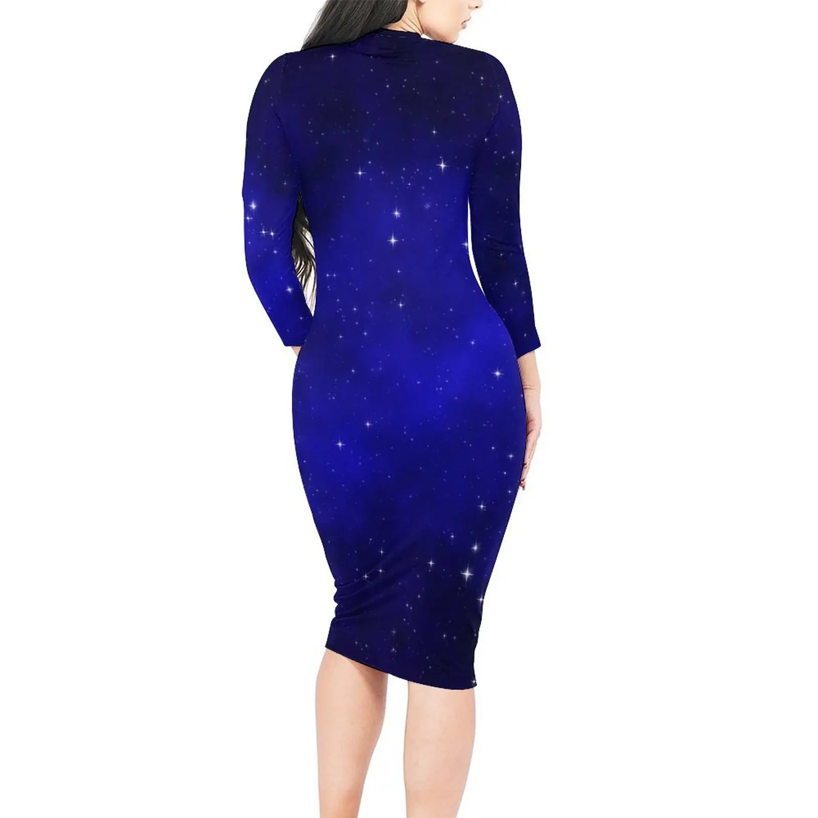 Galaxy Stars Dress Long Sleeve Blue Sky Print Vintage Dresses Holiday Womens Streetwear Graphic Bodycon Dress Big Size 4XL 5XL