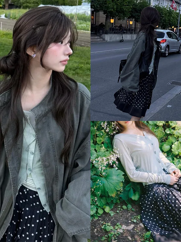 High Waist Slim Fit V-Neck Knitted Jacket with Polka Dot Skirt Stand Collar Long Sleeve Fashionable Women's Set