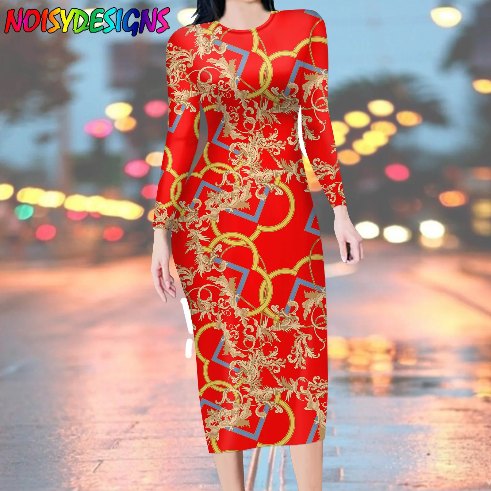 NOISYDESIGNS Golden Flower Floral Printed European Women Dress Pencil Slim Basic Black Bodycon Vestidos Largos Verano Luxury