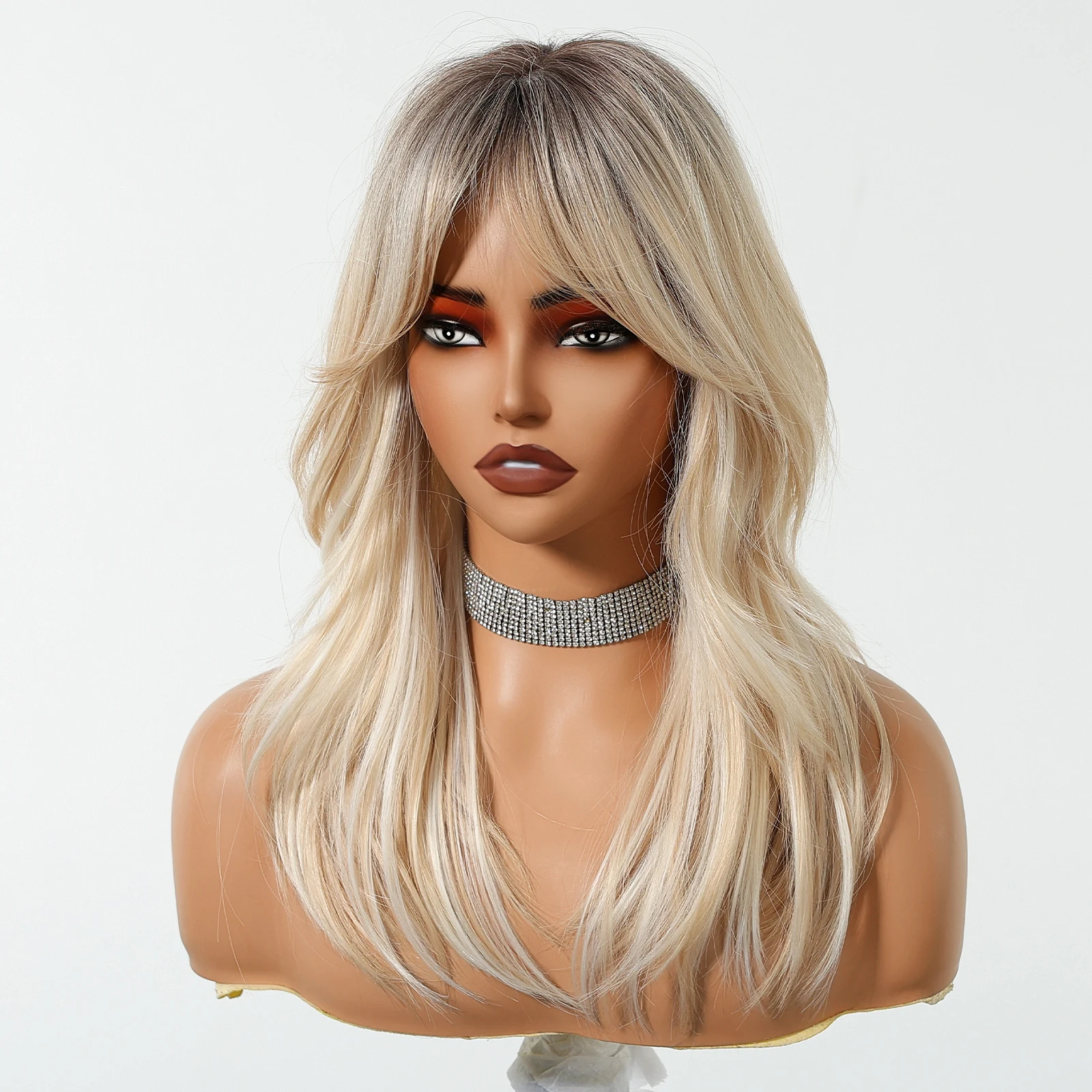 Long Straight Layered Synthetic Wig, Blonde Platinum Highlight