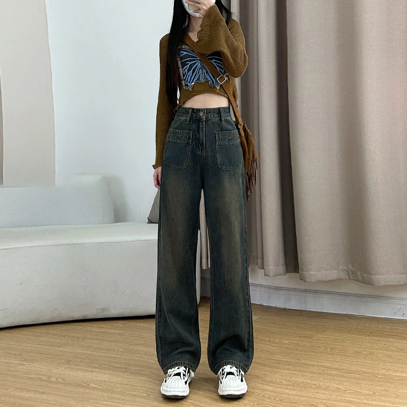 Denim pants women\'s cement gray design pocket high waisted loose nostalgic straight mop small narrow version wide leg pants