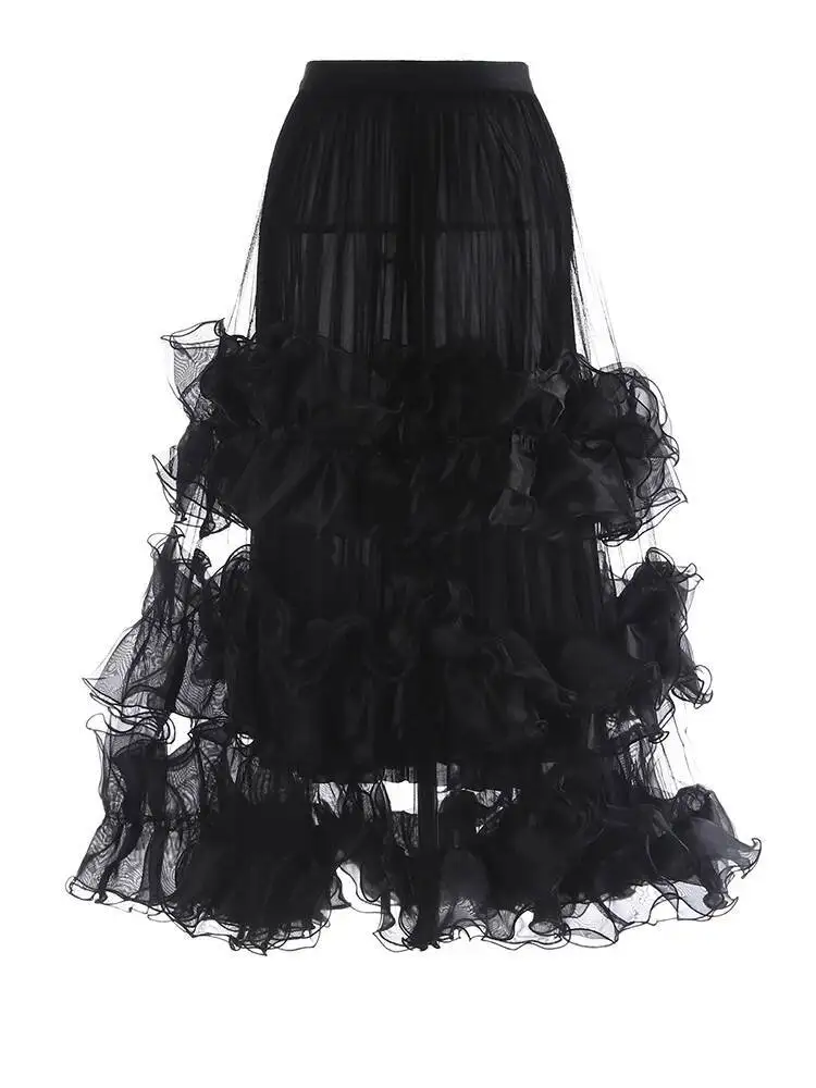 

Высокая эластичная талия, черное сетчатое элегантное бальное платье с 3d оборками, юбка до половины тела, женская мода, новинка весны и осени