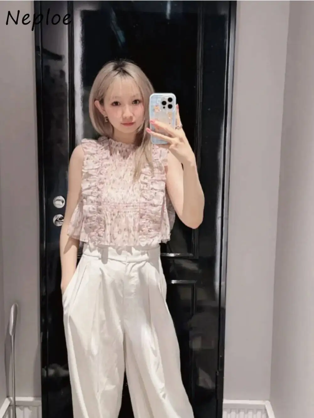 

BabYoung милая универсальная рубашка без рукавов с круглым вырезом и принтом, пуловер трапециевидной формы с грибком и бантом, повседневные блузки, новая японская мода, сетчатые блузки