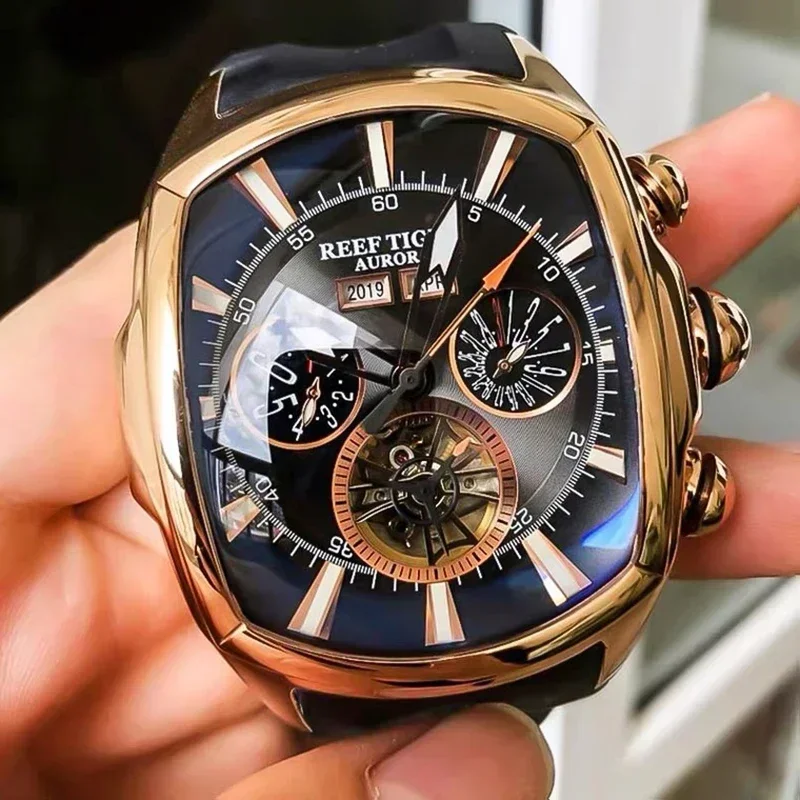 Reef Tiger Relógio Mecânico Automático de Luxo para Homens Tourbillon Calendário Semana Relógio de Pulso Automático Multifuncional À Prova D 'Água