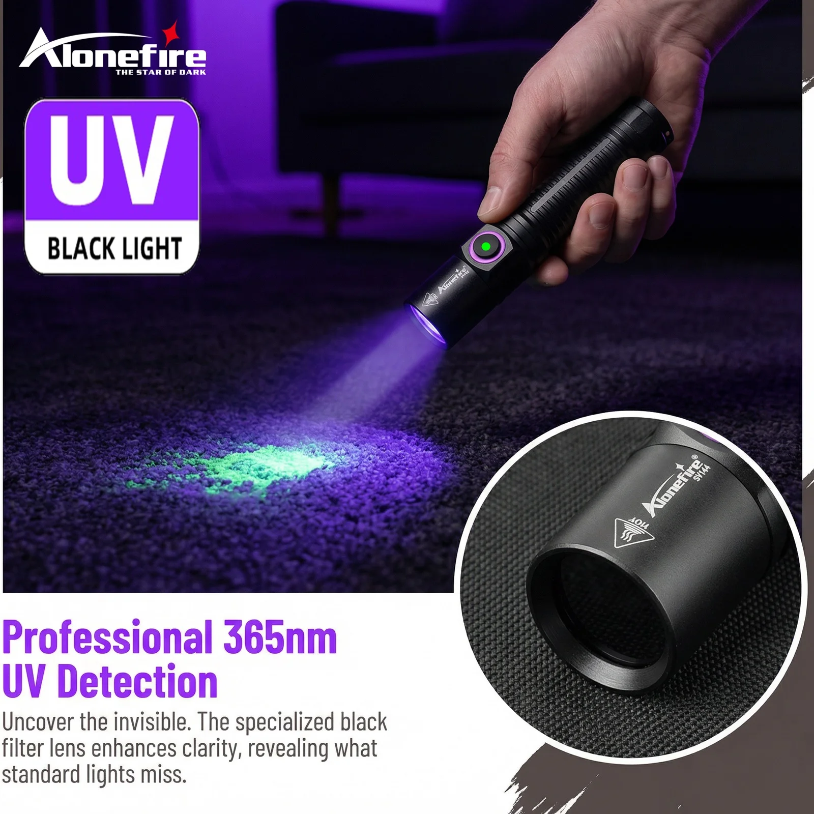 

УФ-фонарь 365 нм с зарядкой через USB-C, ультрафиолетовый детектор для денег, скорпионов, руды, пятен от мочи животных, портативная УФ-лампа