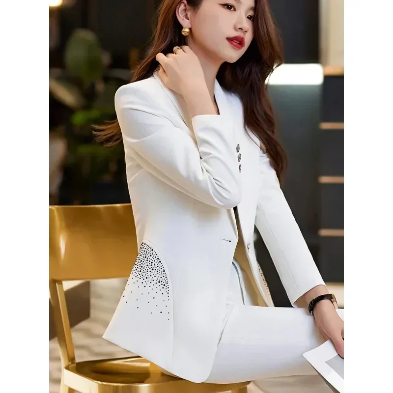 Spring Autumn Blue Black White Blazer Women Ladies Female Business Work Wear Long Sleeve Formal Jacket