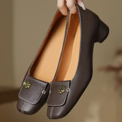 Women's sheepskin square toe slip-on flats 3.5cm thick low heel elegant ladies four season daily slim dress flats shoes woman