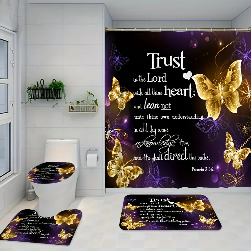 Polyester Bathroom Set with Inspirational Quote and Golden Butterflies Design - Machine Washable, Fade-Resistant Bath Ensemble w