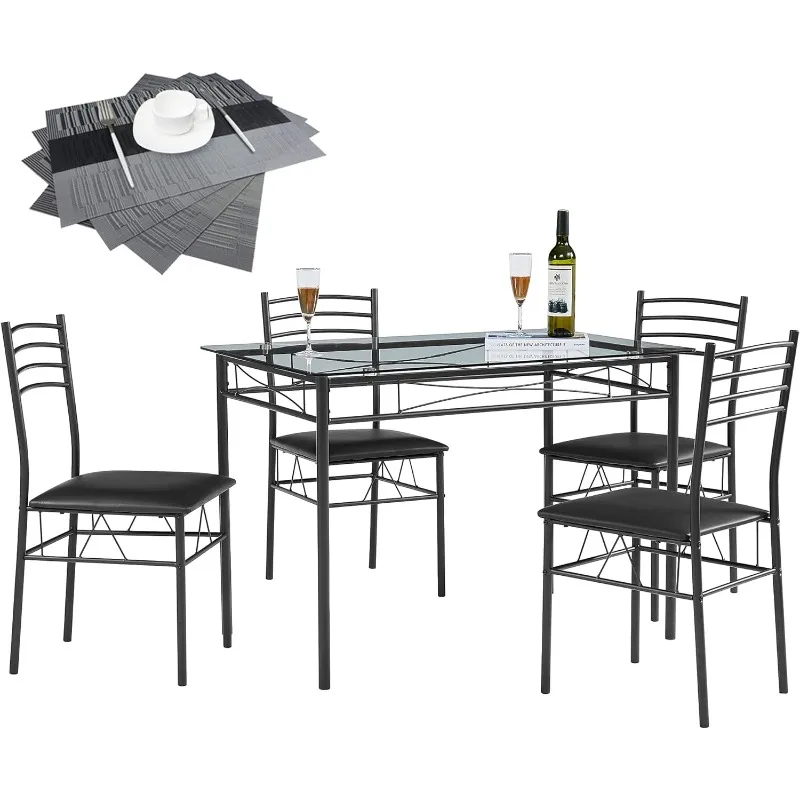 Dining Table with 4 Chairs [4 Placemats Included, Black, 43.3x27.5x30, 15.7x16.9x33.8